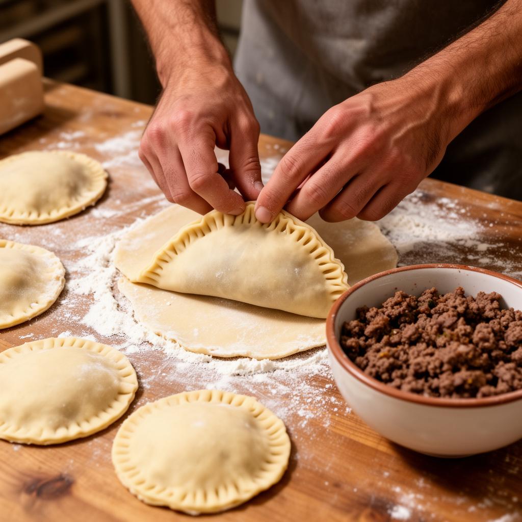 Hands folding empanada dough